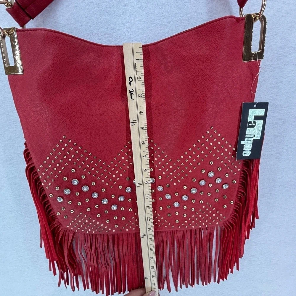 LaTique Red Studded Fringe Hobo Bag Vegan Leather Boho Western Festival Cowgirl